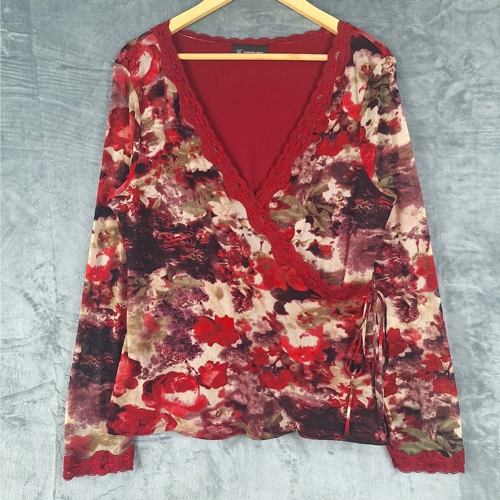 Womens Top Medium‎ Red Babydoll Y2K Floral Lace Romantic Wrap Coquette Fairy